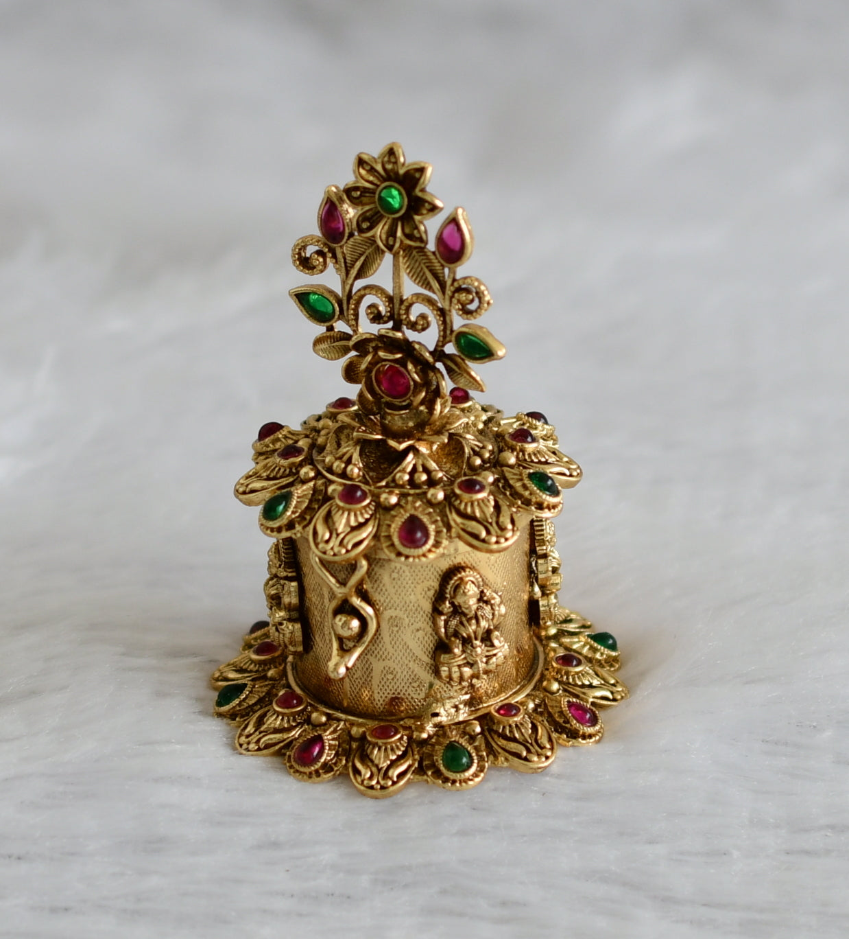 Antique gold tone kemp-green lakshmi flower kumkum box dj-47364