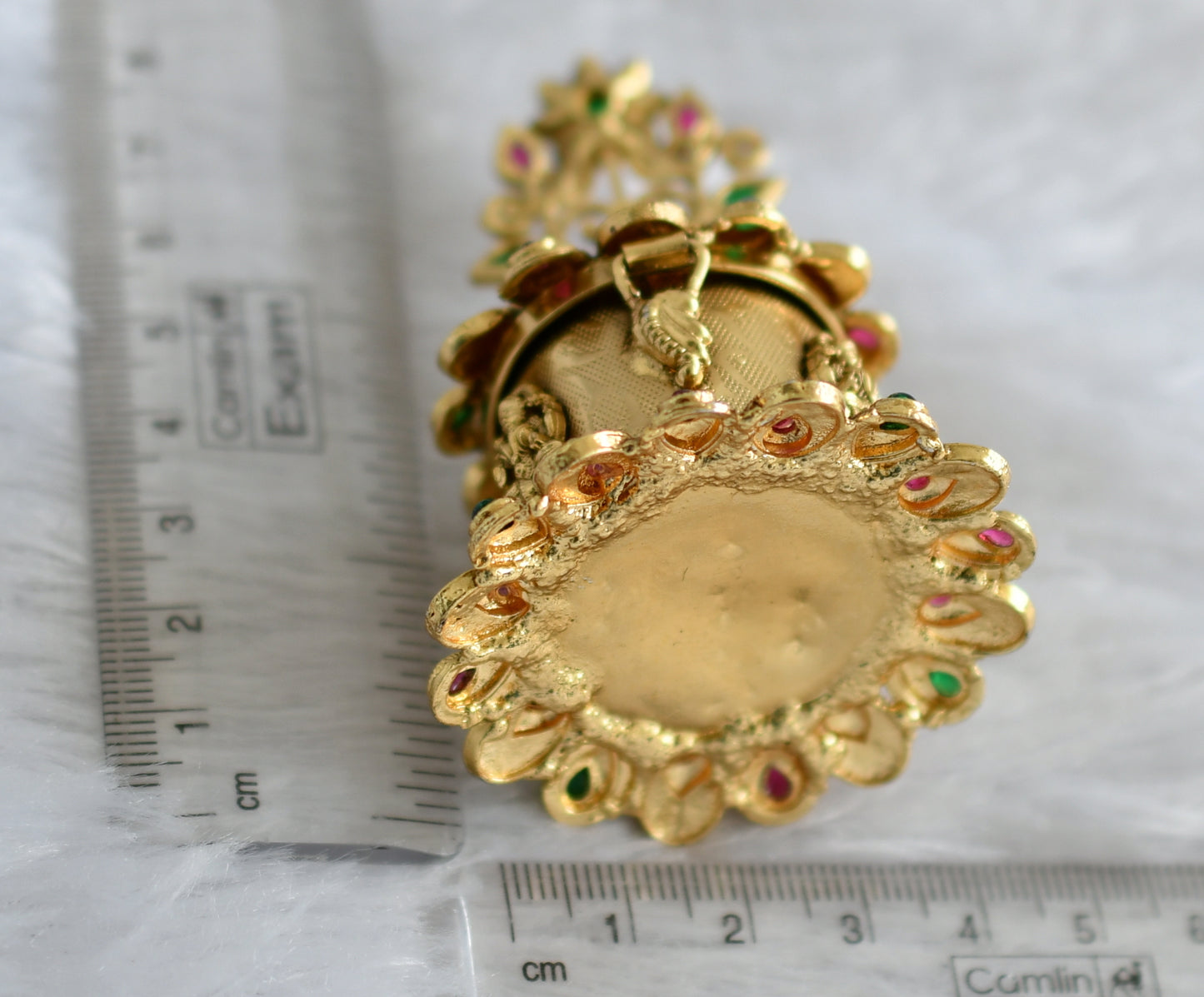 Antique gold tone kemp-green lakshmi flower kumkum box dj-47364