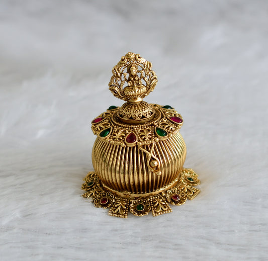 Antique gold tone kemp-green lakshmi flower kumkum box dj-47365