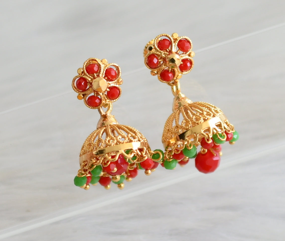 Gold tone red-green beaded flower jhumkka dj-43969