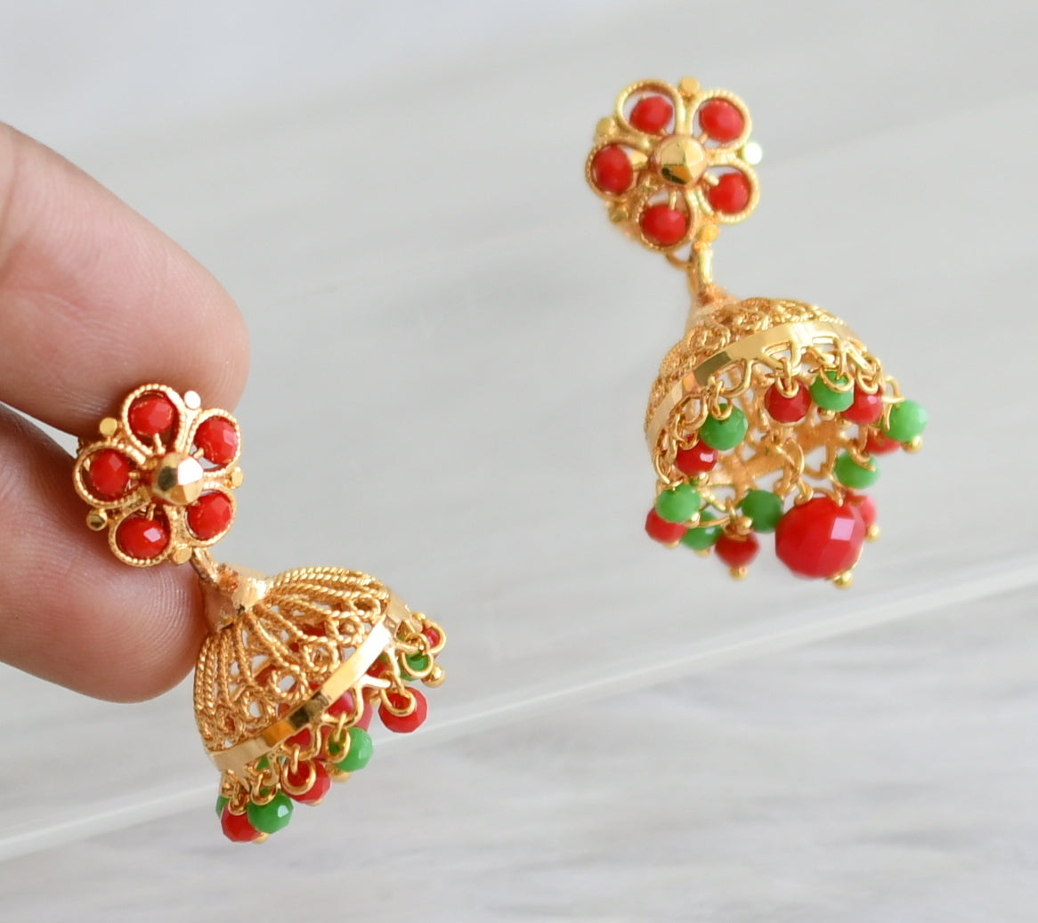 Gold tone red-green beaded flower jhumkka dj-43969