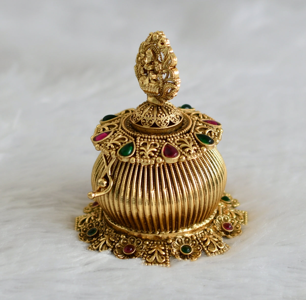 Antique gold tone kemp-green lakshmi flower kumkum box dj-47365