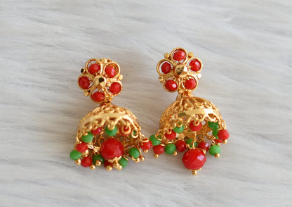 Gold tone red-green beaded flower jhumkka dj-43969