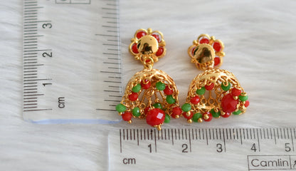 Gold tone red-green beaded flower jhumkka dj-43969