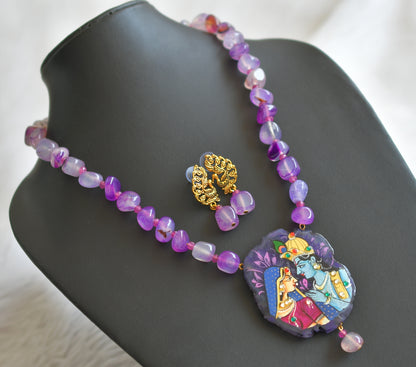 Hand painted radha-krishna sliced agate pendant with purple onyx beaded necklace set dj-45660