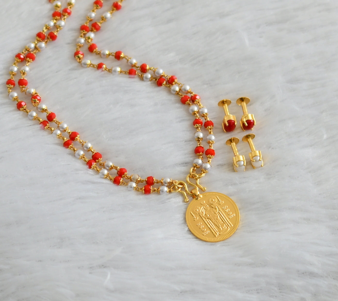 Gold look alike Guruvayurappan coral-pearl double layer 30 inches chain with 2 pair of screw back earrings dj-35322
