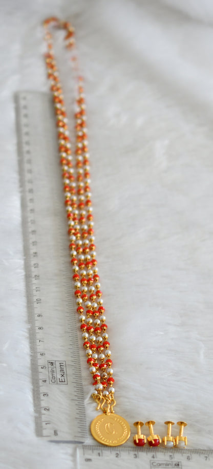 Gold look alike Guruvayurappan coral-pearl double layer 30 inches chain with 2 pair of screw back earrings dj-35322