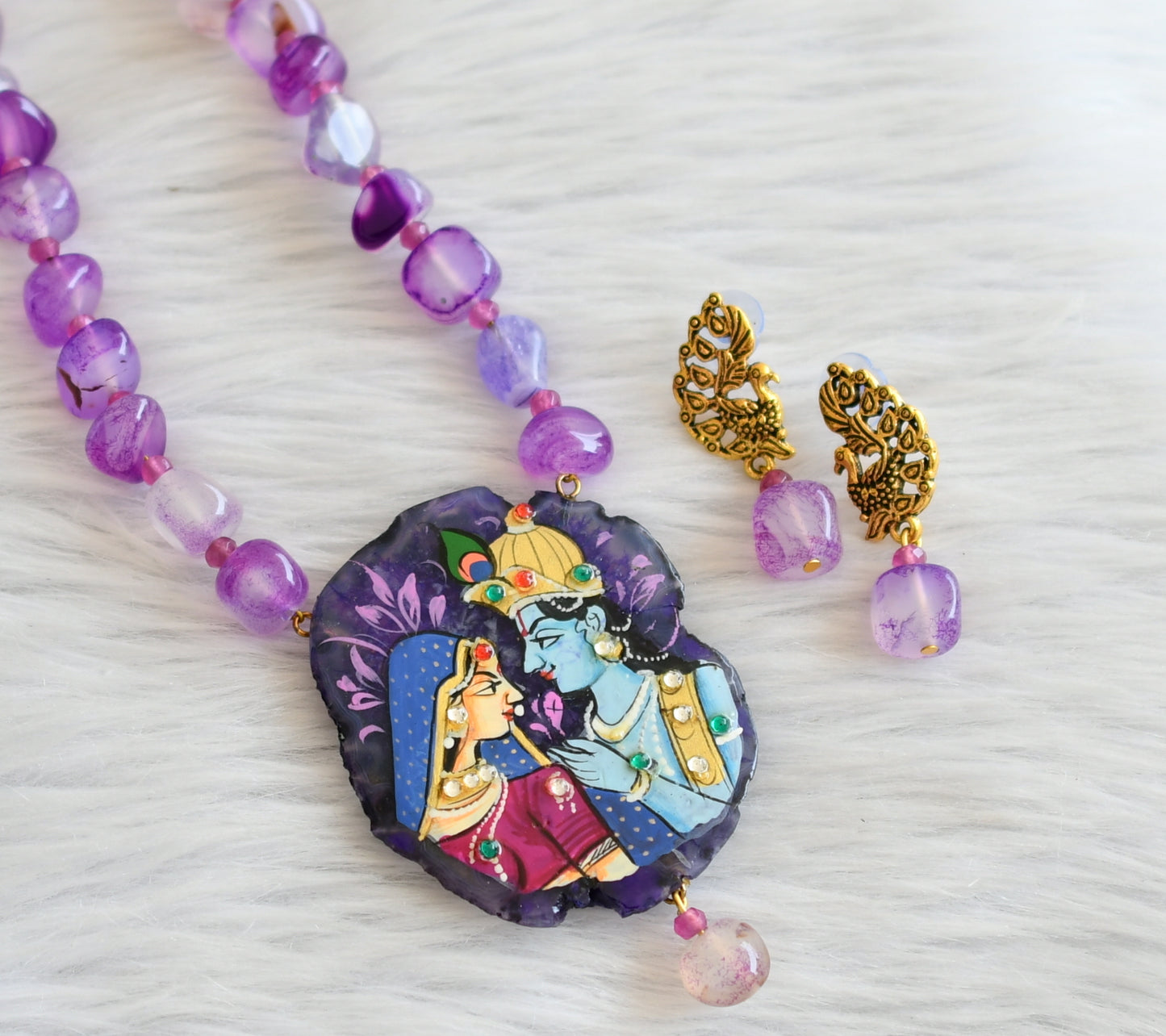 Hand painted radha-krishna sliced agate pendant with purple onyx beaded necklace set dj-45660