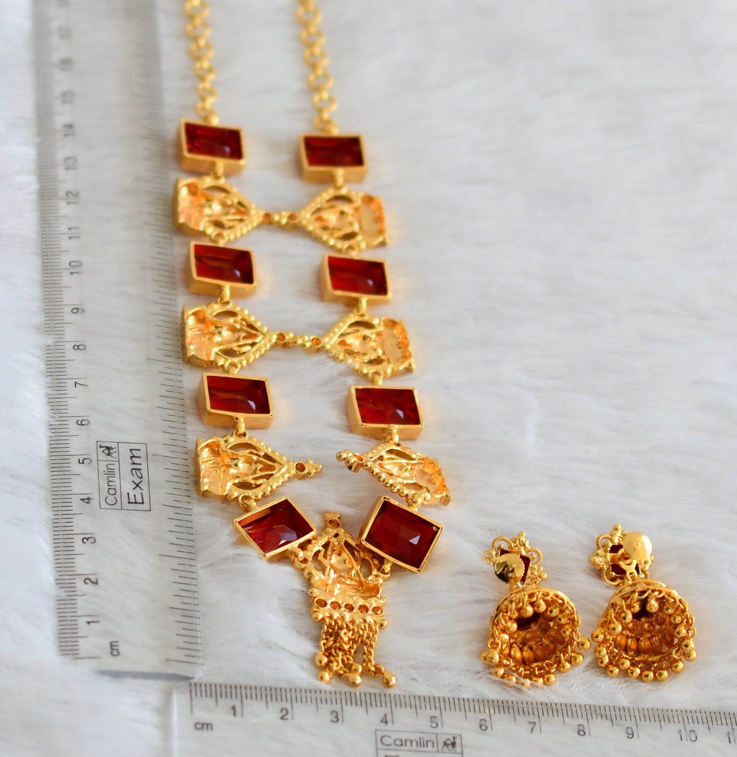 Gold tone red block stone Lakshmi Kerala style necklace set dj-37562