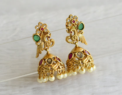 Antique gold tone cz ruby-green peacock flower jhumkka dj-49181