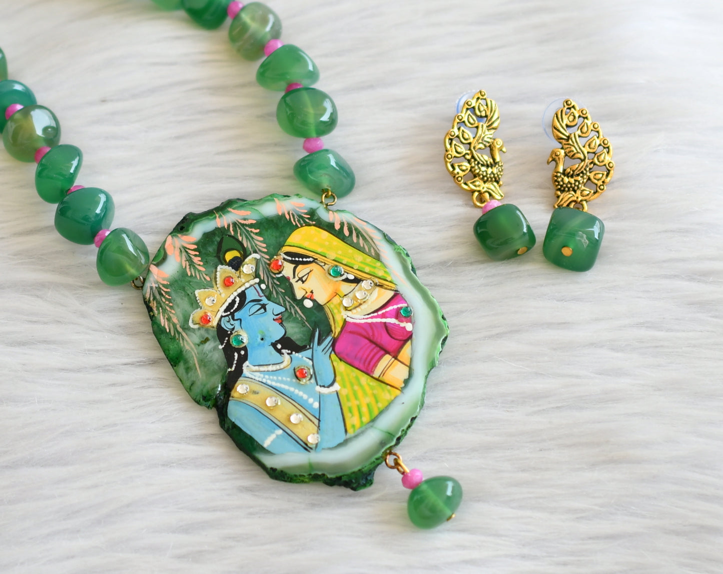 Hand painted radha-krishna sliced agate pendant with green-pink onyx beaded necklace set dj-45664