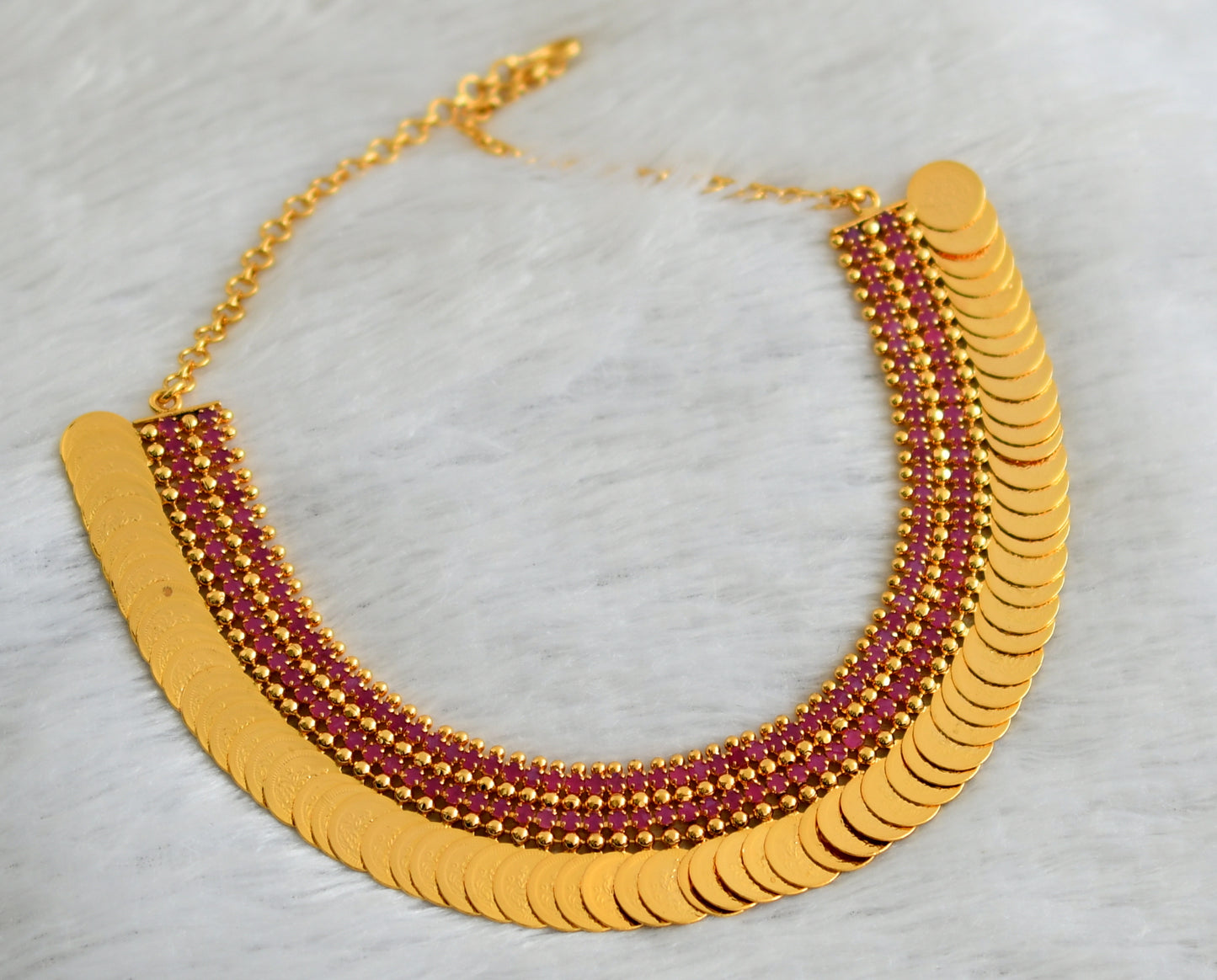 Gold tone pink stone Lakshmi coin necklace dj-38274
