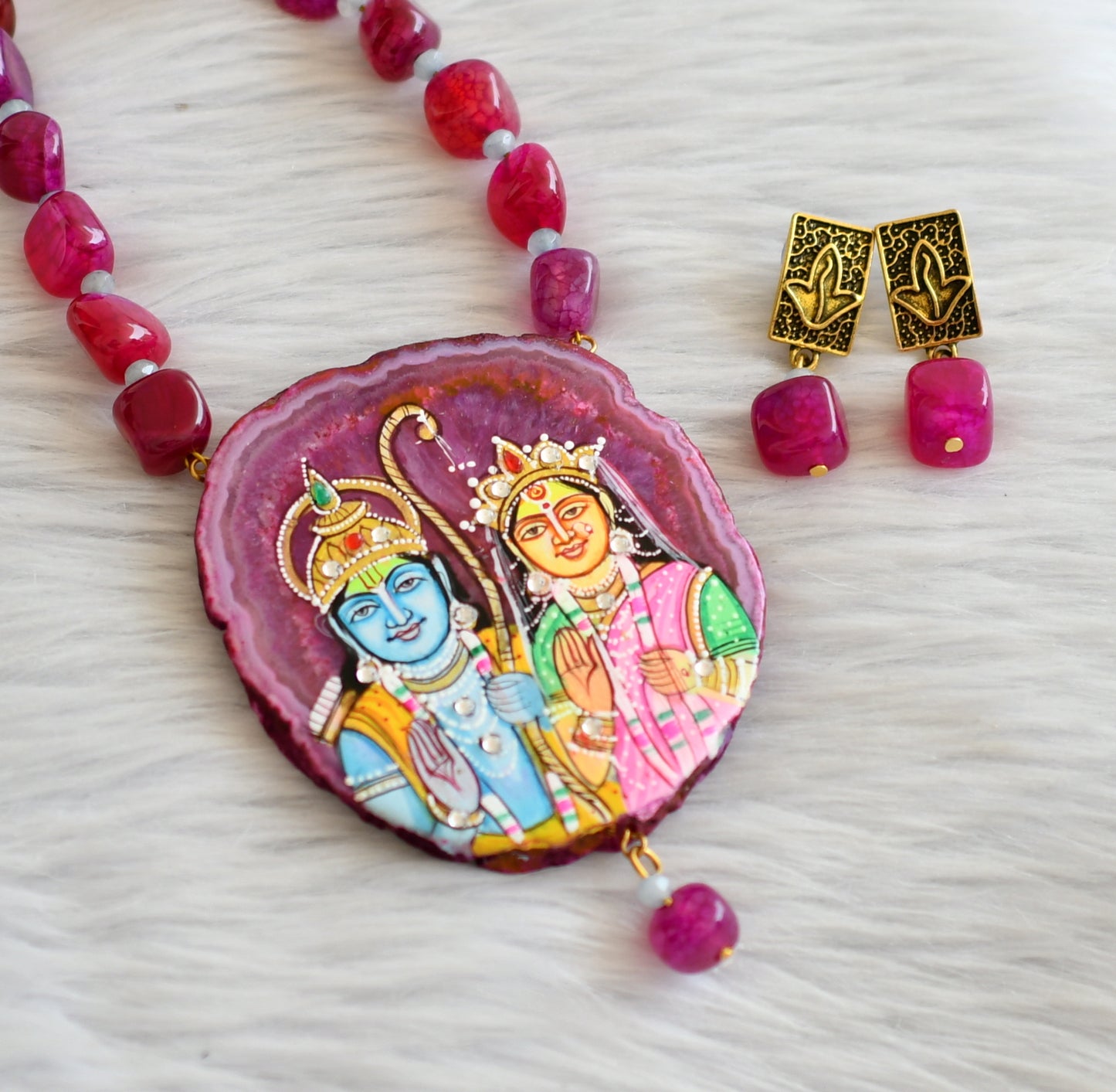 Hand painted ram-sita sliced agate pendant with pink onyx beaded necklace set dj-45671