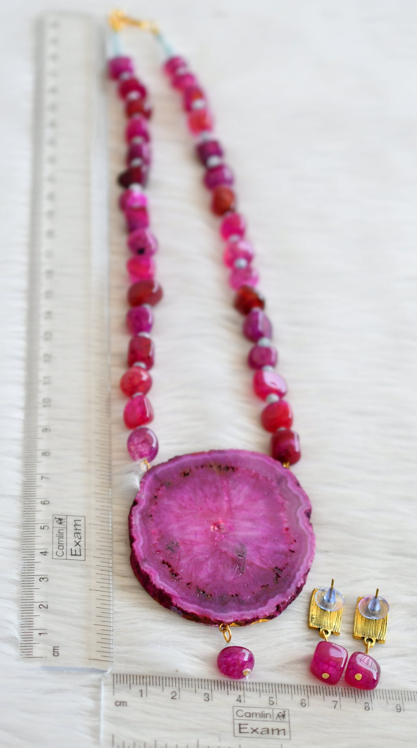 Hand painted ram-sita sliced agate pendant with pink onyx beaded necklace set dj-45671