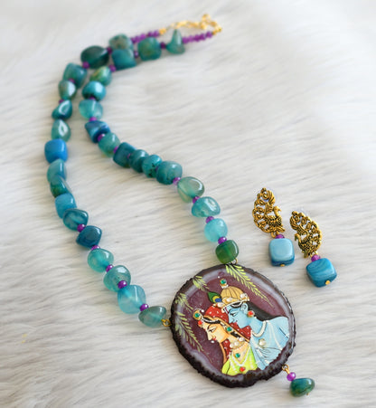 Hand painted radha-krishna sliced agate pendant with blue-purple onyx beaded necklace set dj-45667