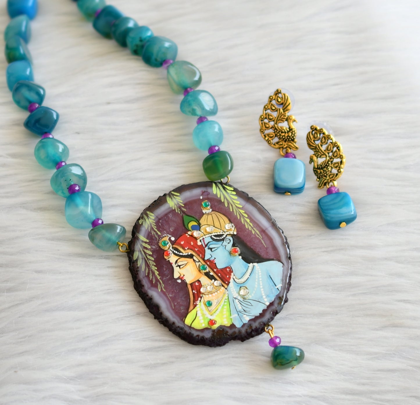 Hand painted radha-krishna sliced agate pendant with blue-purple onyx beaded necklace set dj-45667