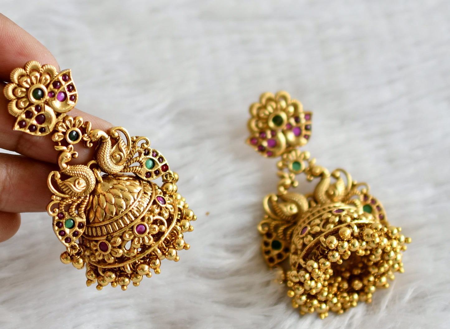 Antique gold tone kemp-green peacock flower jhumkka dj-49184