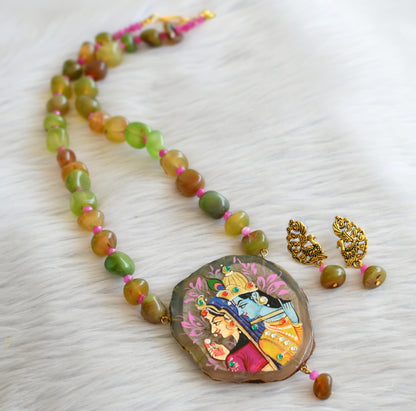 Hand panted radha-krishna sliced agate pendant with green-pink onyx beaded necklace set dj-45669