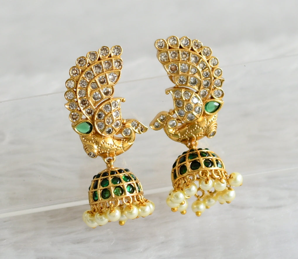 Antique gold tone green-white-pearl peacock jhumkka dj-49177