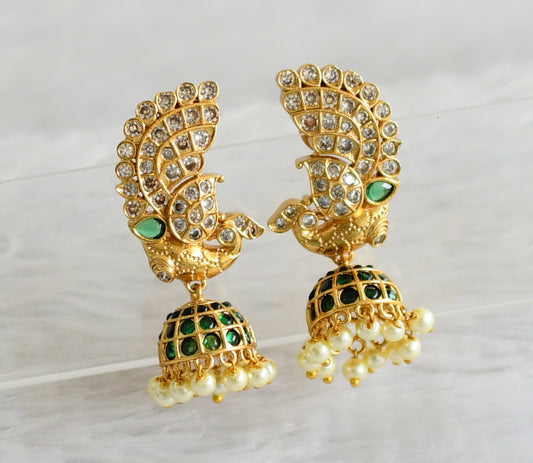 Antique gold tone green-white-pearl peacock jhumkka dj-49177