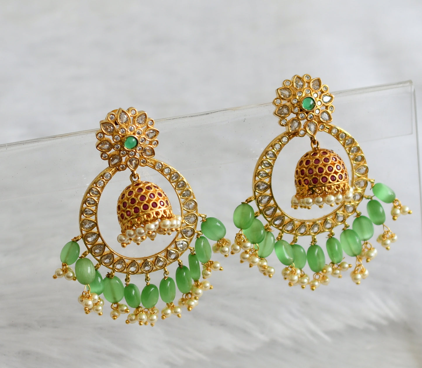 Gold tone 2 in 1 ruby-emerald-white bali flower jhumkka dj-34231