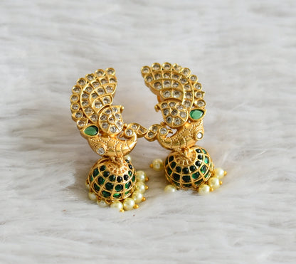 Antique gold tone green-white-pearl peacock jhumkka dj-49177