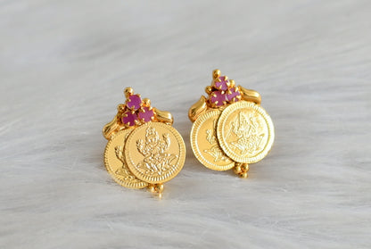 Gold tone ruby lakshmi coin earrings dj-43947