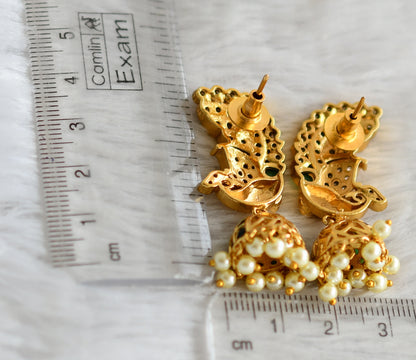 Antique gold tone green-white-pearl peacock jhumkka dj-49177