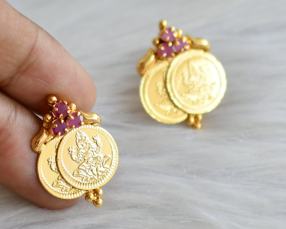 Gold tone ruby lakshmi coin earrings dj-43947