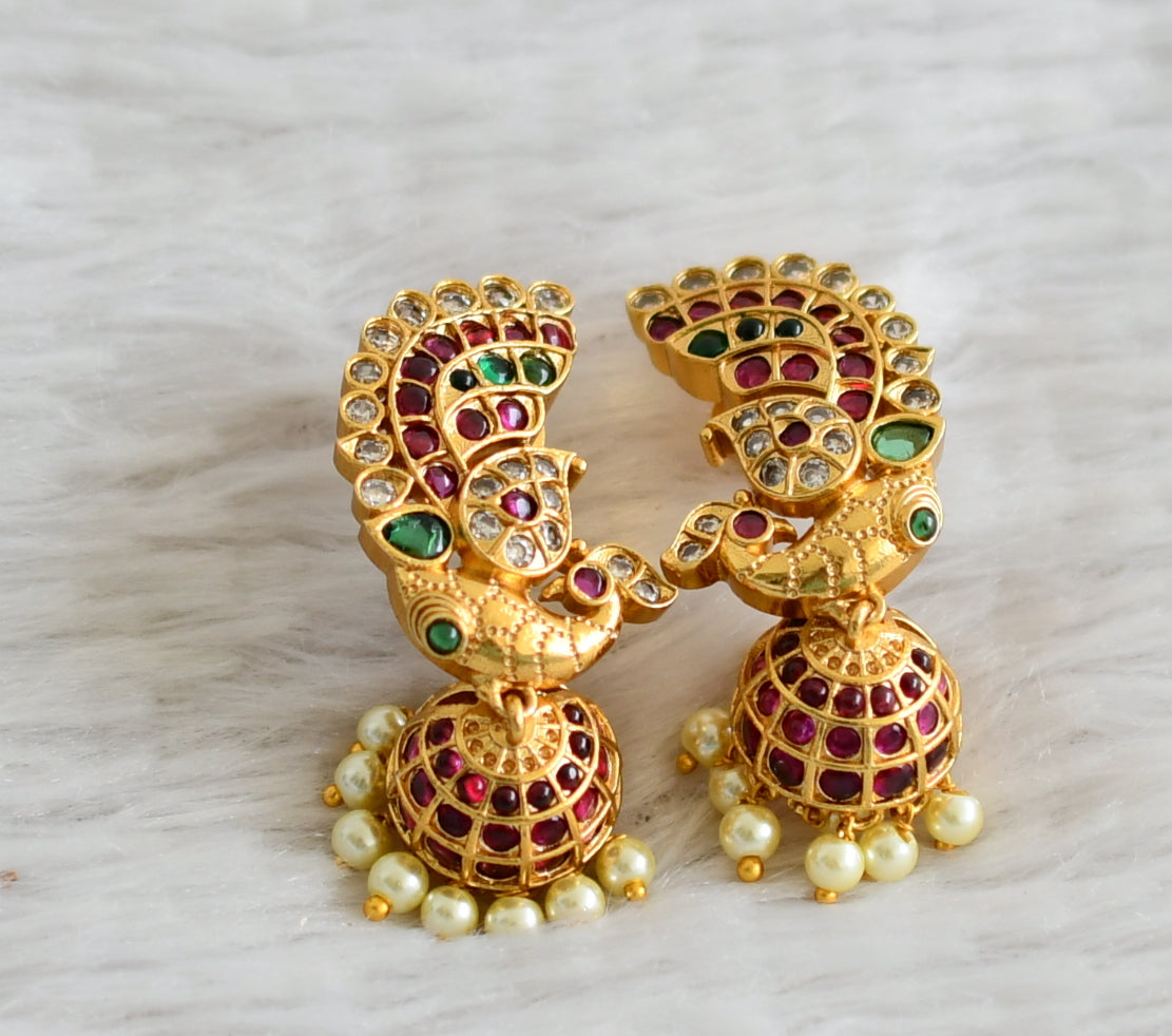 Antique gold tone kemp-green-white pearl peacock jhumkka dj-49178