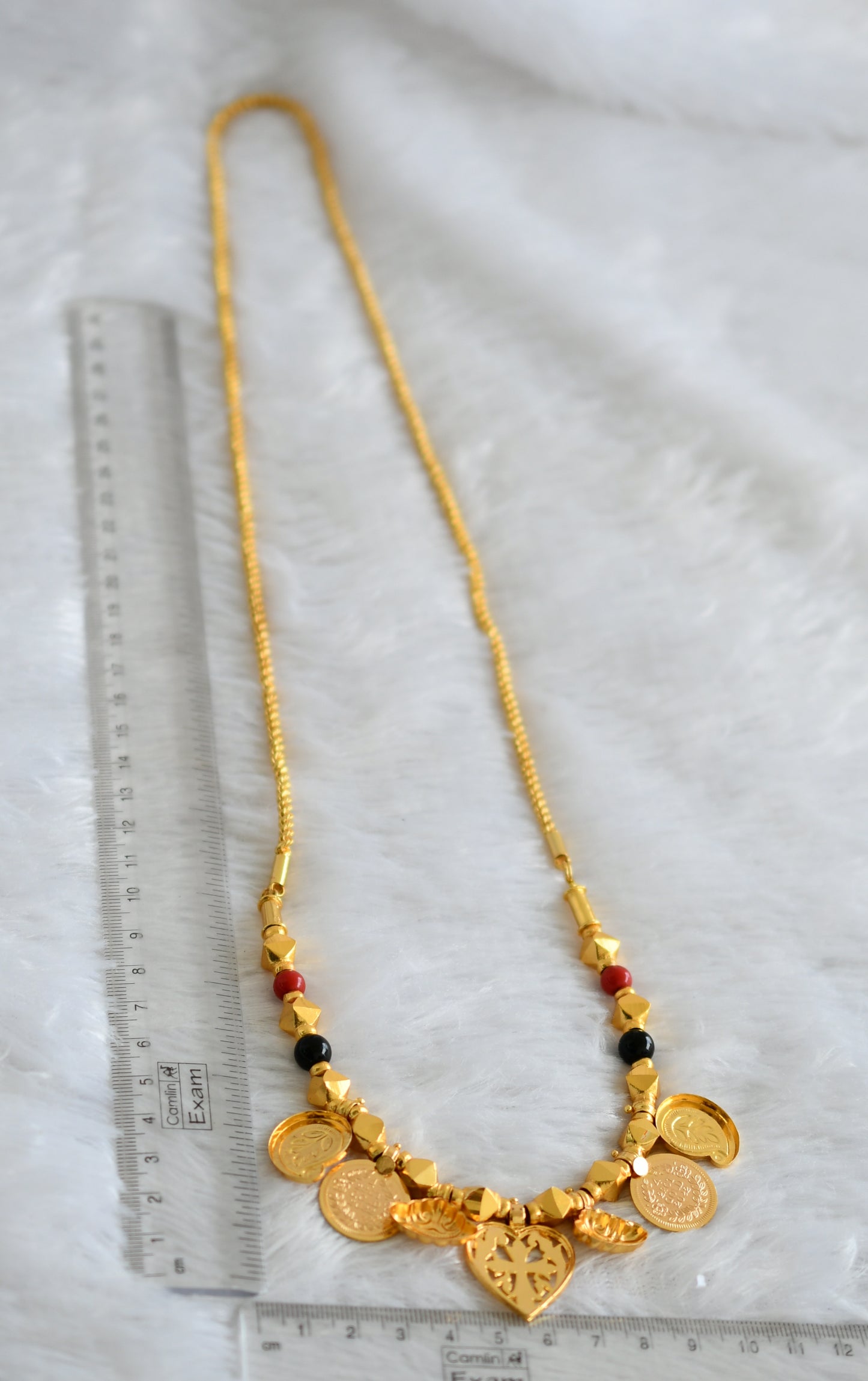 Gold tone 24 inches rope chain with coral-black bead mango christian cross mangalyam dj-47337