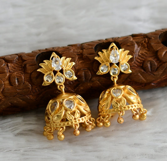 Matte gold tone cz white lotus jhumkka dj-49175