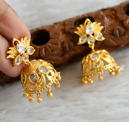 Matte gold tone cz white lotus jhumkka dj-49175