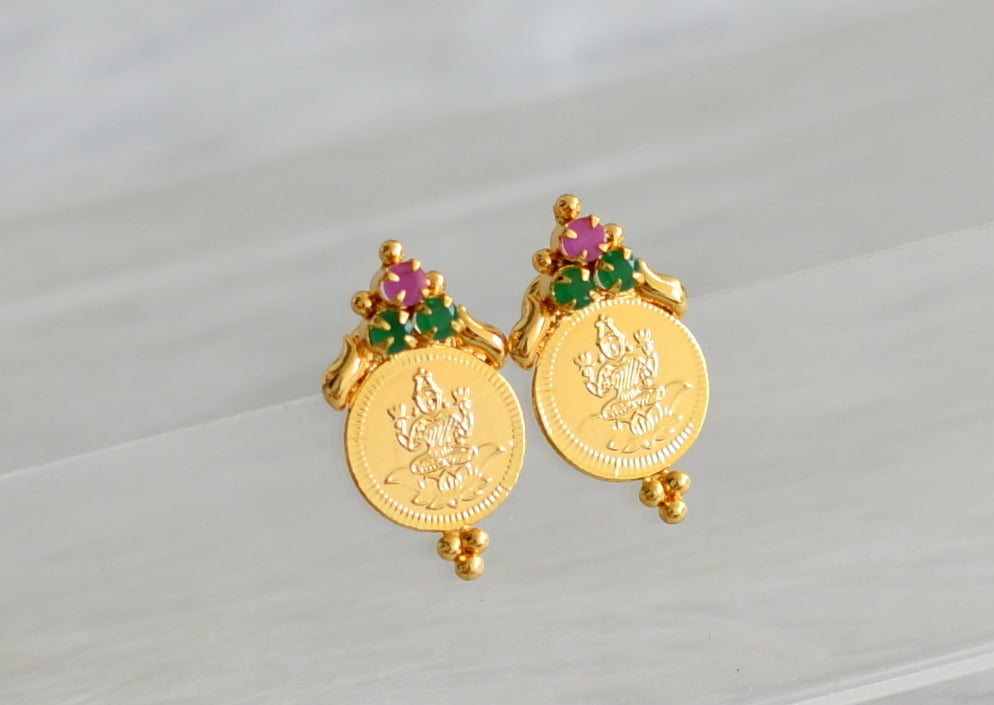 Gold tone ruby-green lakshmi coin earrings dj-43949