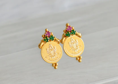Gold tone ruby-green lakshmi coin earrings dj-43949