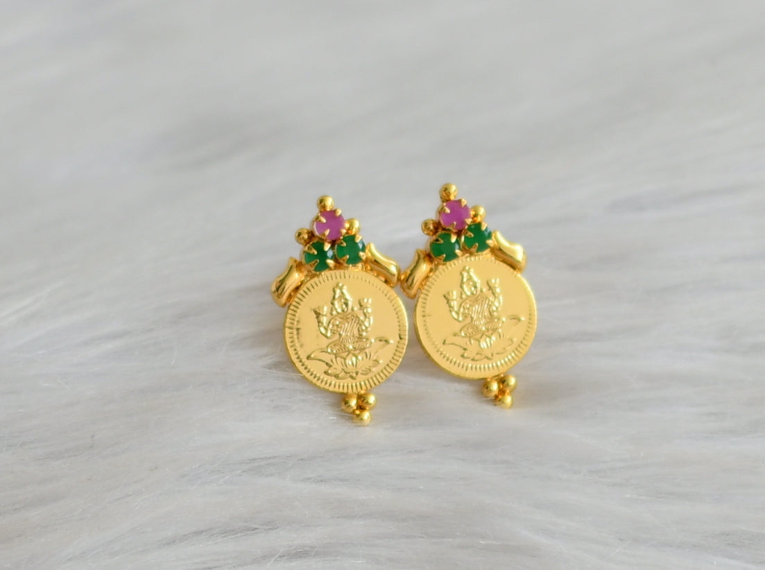 Gold tone ruby-green lakshmi coin earrings dj-43949