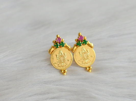Gold tone ruby-green lakshmi coin earrings dj-43949