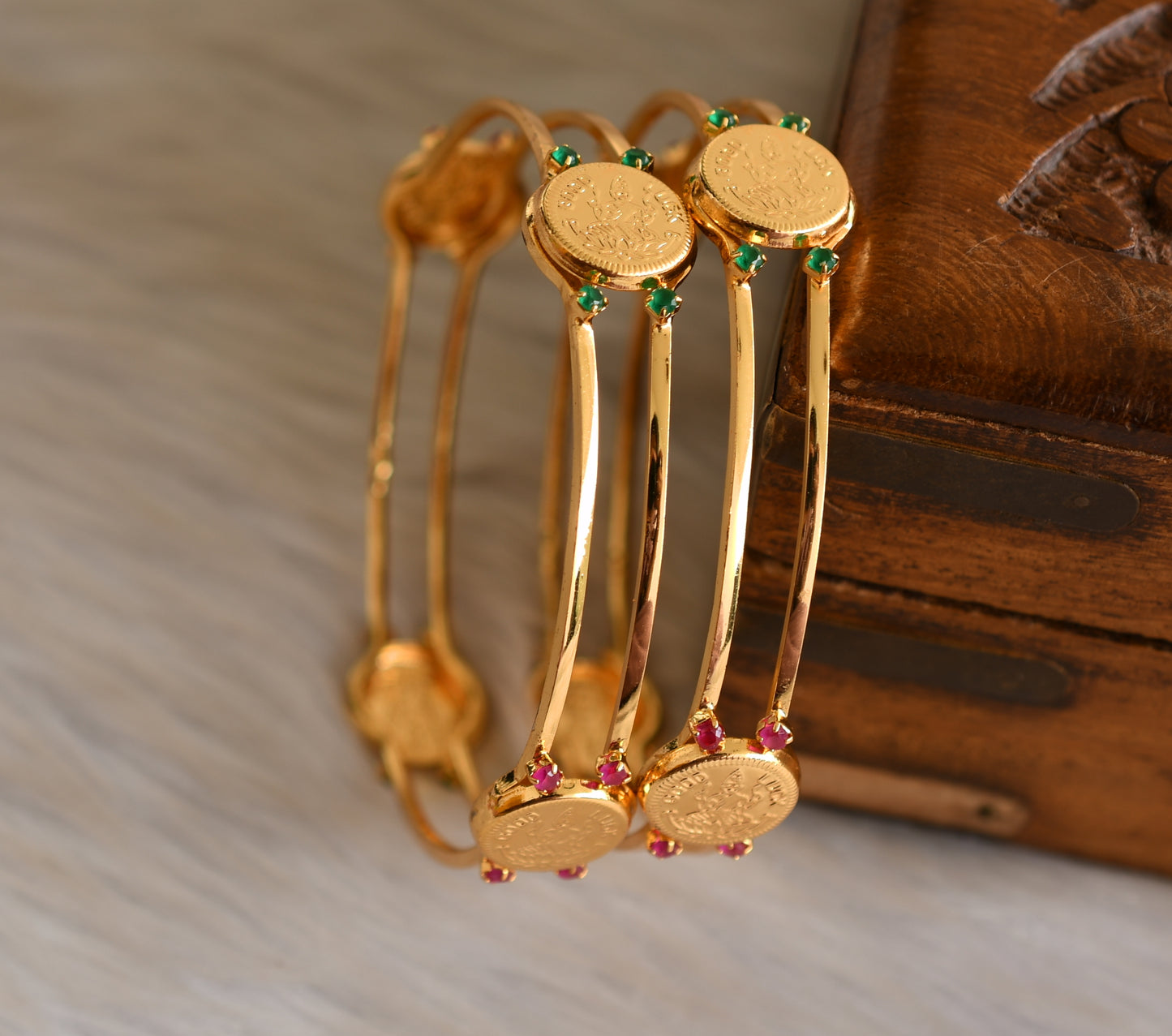 Gold tone ruby-green Lakshmi coin bangles(2.6) dj-42649