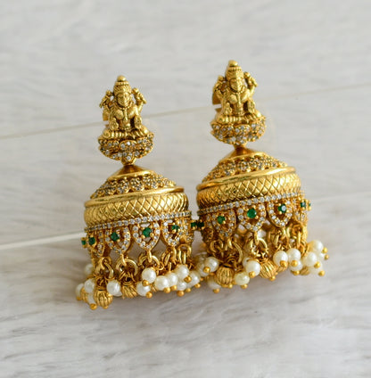 Antique gold tone cz green pearl cluster lakshmi jhumkka dj-49182