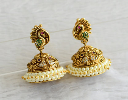 Antique gold tone cz kemp-green pearl peacock jhumkka dj-49183