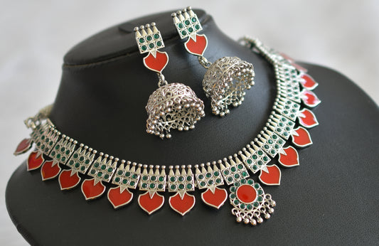 Silver tone green-red palakka kerala style necklace set dj-43986