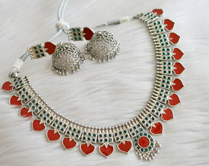 Silver tone green-red palakka kerala style necklace set dj-43986