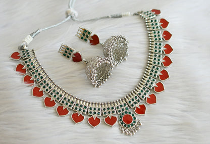 Silver tone green-red palakka kerala style necklace set dj-43986