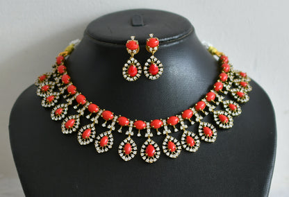 Matte finish cz white-coral stone thilak necklace set dj-49179