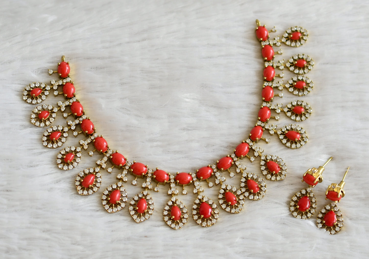 Matte finish cz white-coral stone thilak necklace set dj-49179