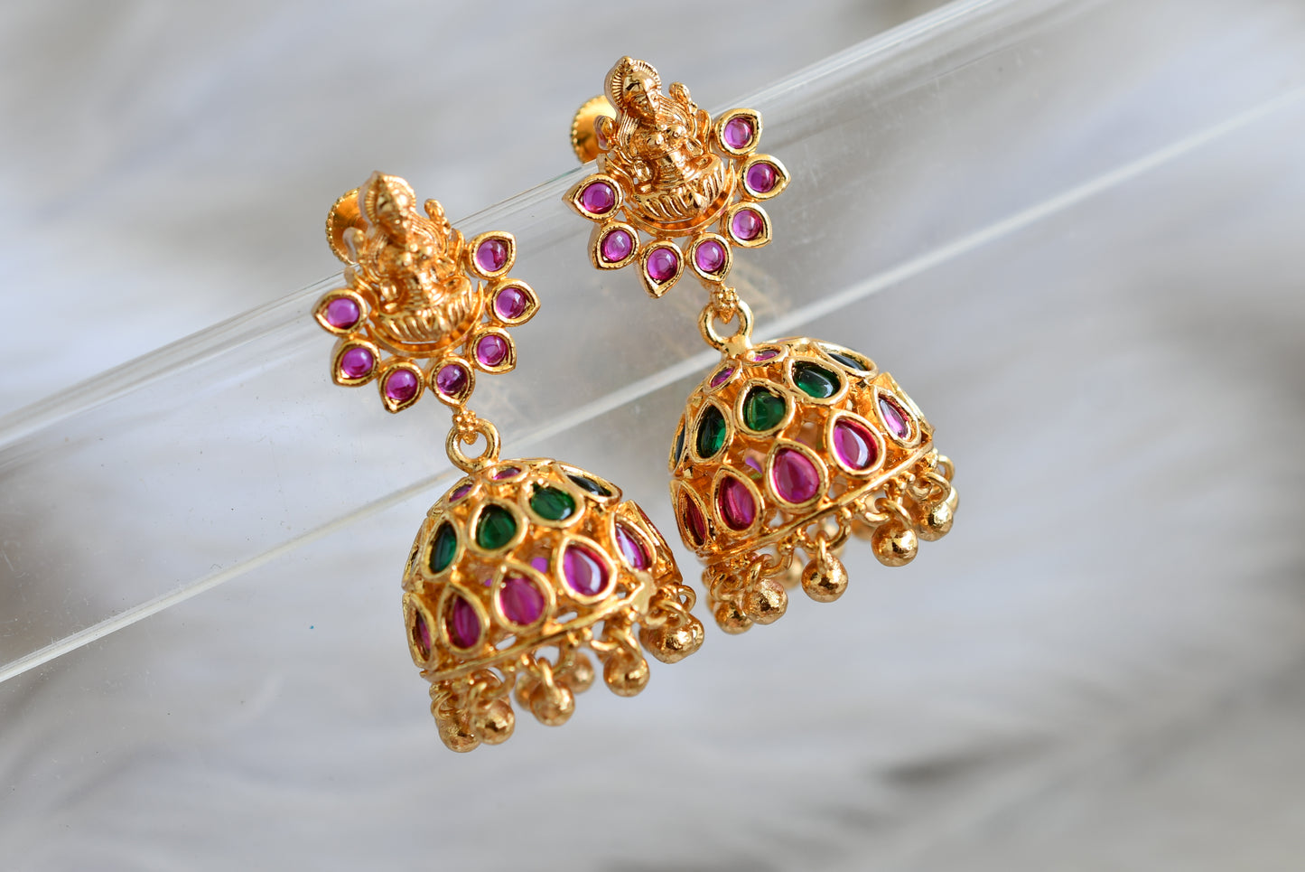 Gold tone kemp-green Lakshmi screw back jhumkka dj-42655