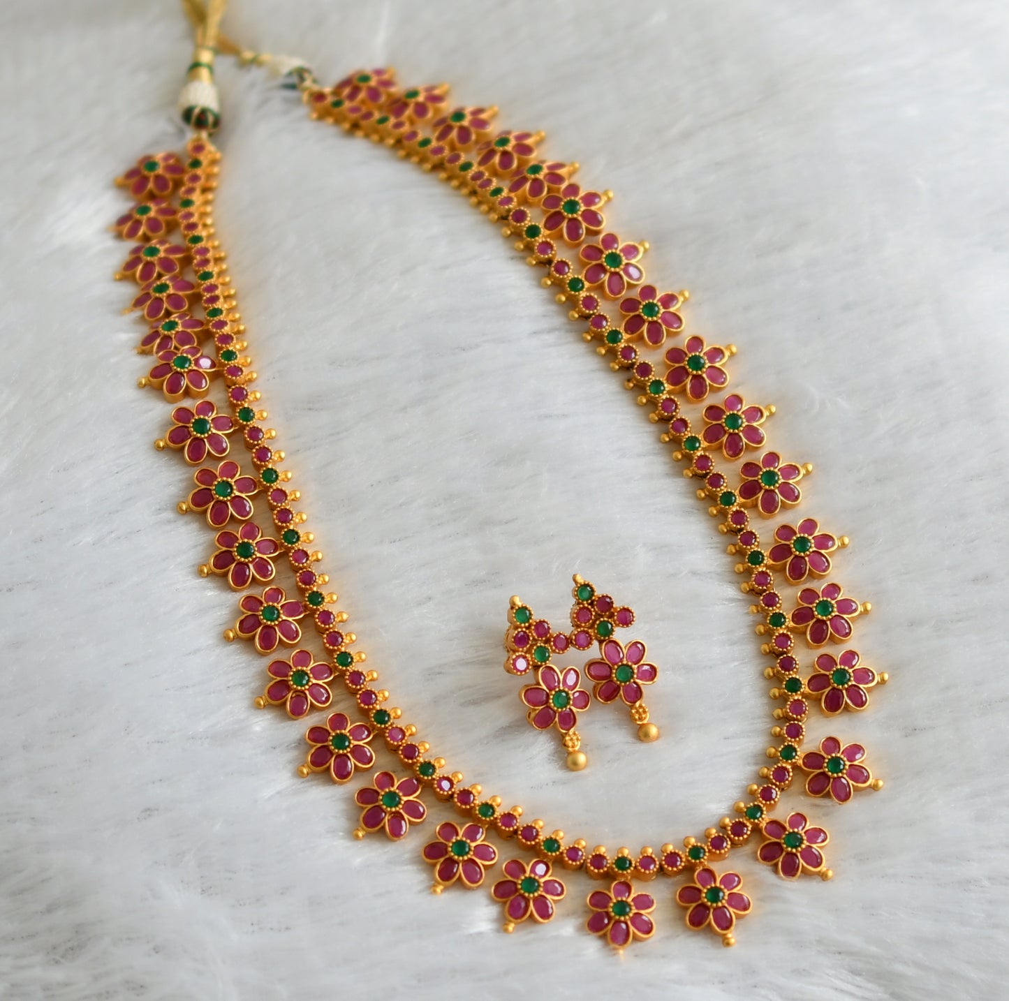 Gold Tone Ruby-green Flower Haar Set -dj09378