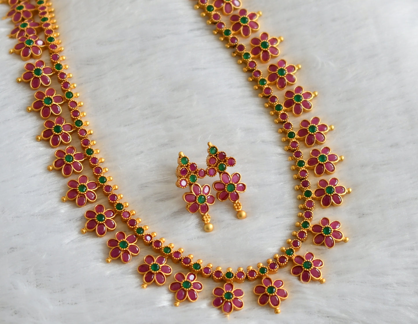 Gold Tone Ruby-green Flower Haar Set -dj09378