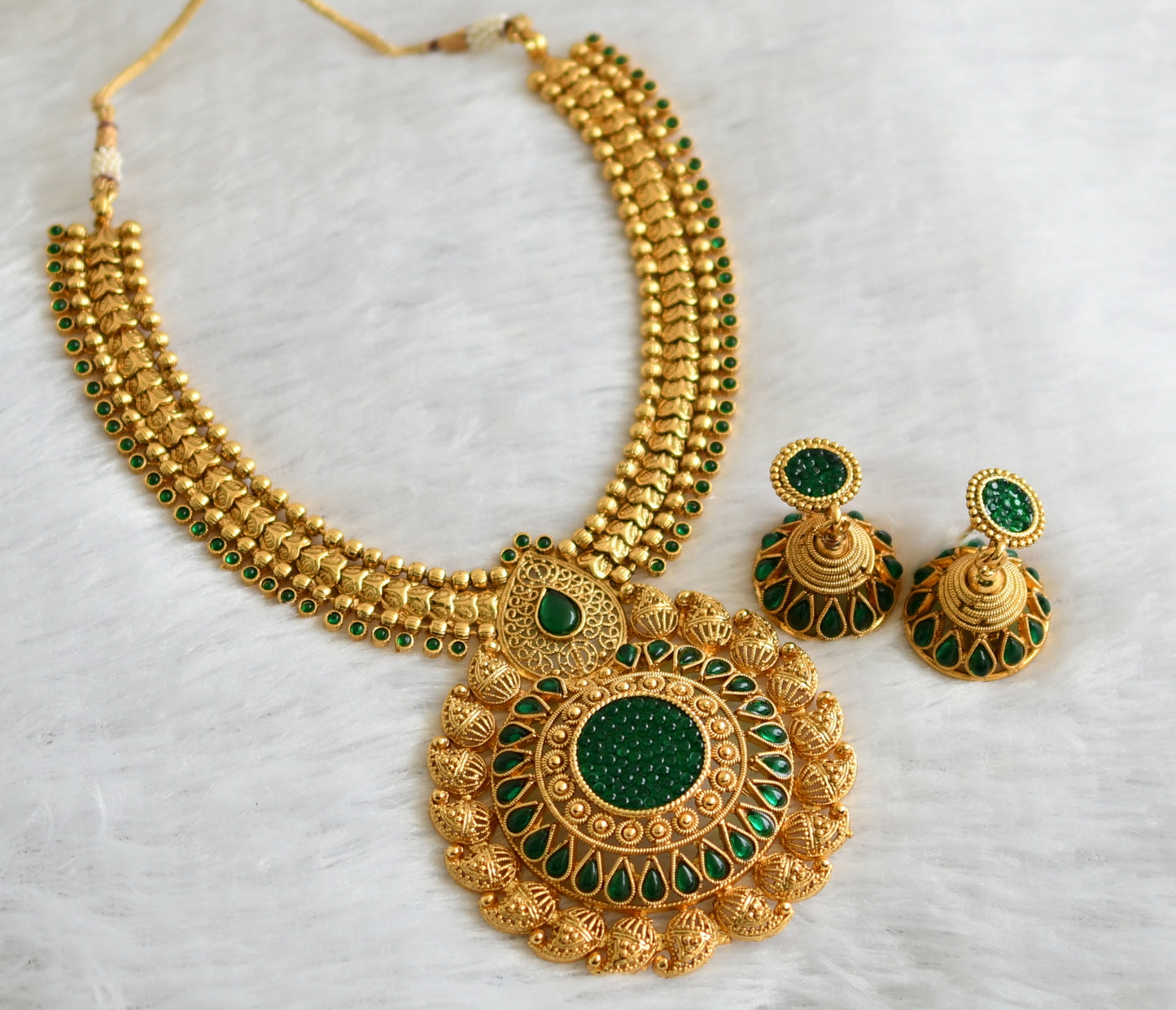 Antique Gold Tone Transparent Green Necklace Set dj-09265