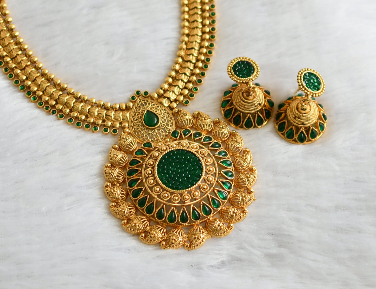 Antique Gold Tone Transparent Green Necklace Set dj-09265